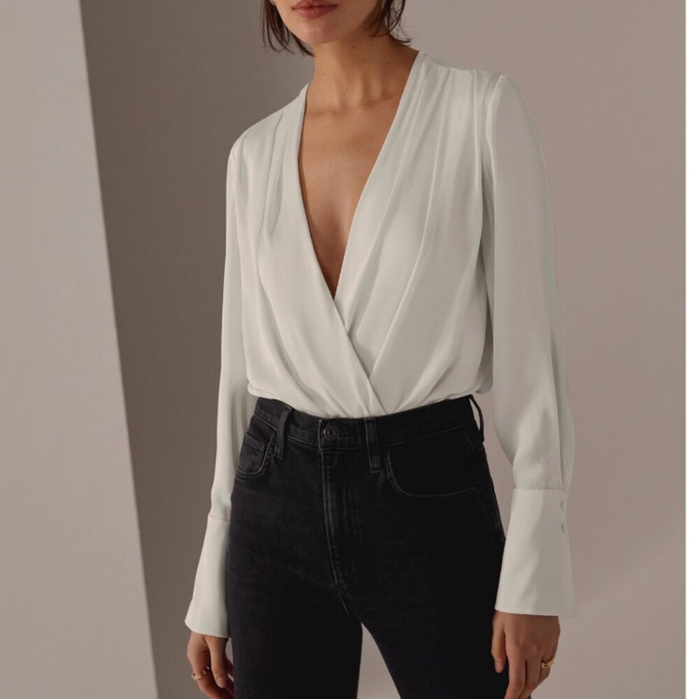 NWT Favorite Daughter The Date Blouse Satin Bodysuit White Off White - Picture 4 of 9